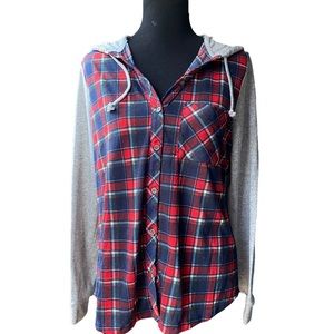 POLLY & ESTHER XL Plaid Long Sleeve Hoodie Button-up Shirt